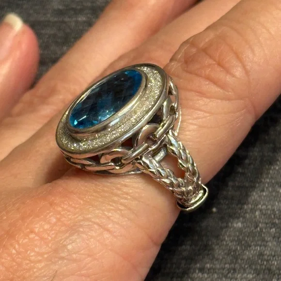 Sterling Silver Oval Blue Topaz Gemstone Ring w Braided & Chain Band, Sz 8 - Picture 4 of 8